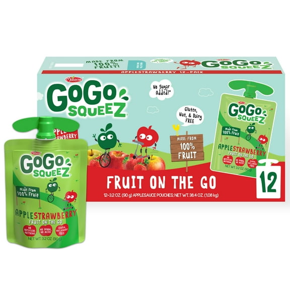 GoGo squeeZ Applesauce and Fruit Puree, Apple Strawberry Snack Pouches, 3.2 oz, 12 Pack