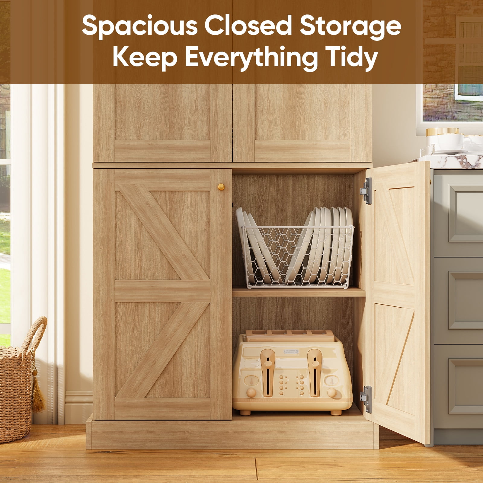 71" Tall Farmhouse Kitchen Pantry Cabinet with Doors,Storage Cabinet with 4-Tier Adjustable Shelves,Wooden Hutch for Home, Kitchen Brown