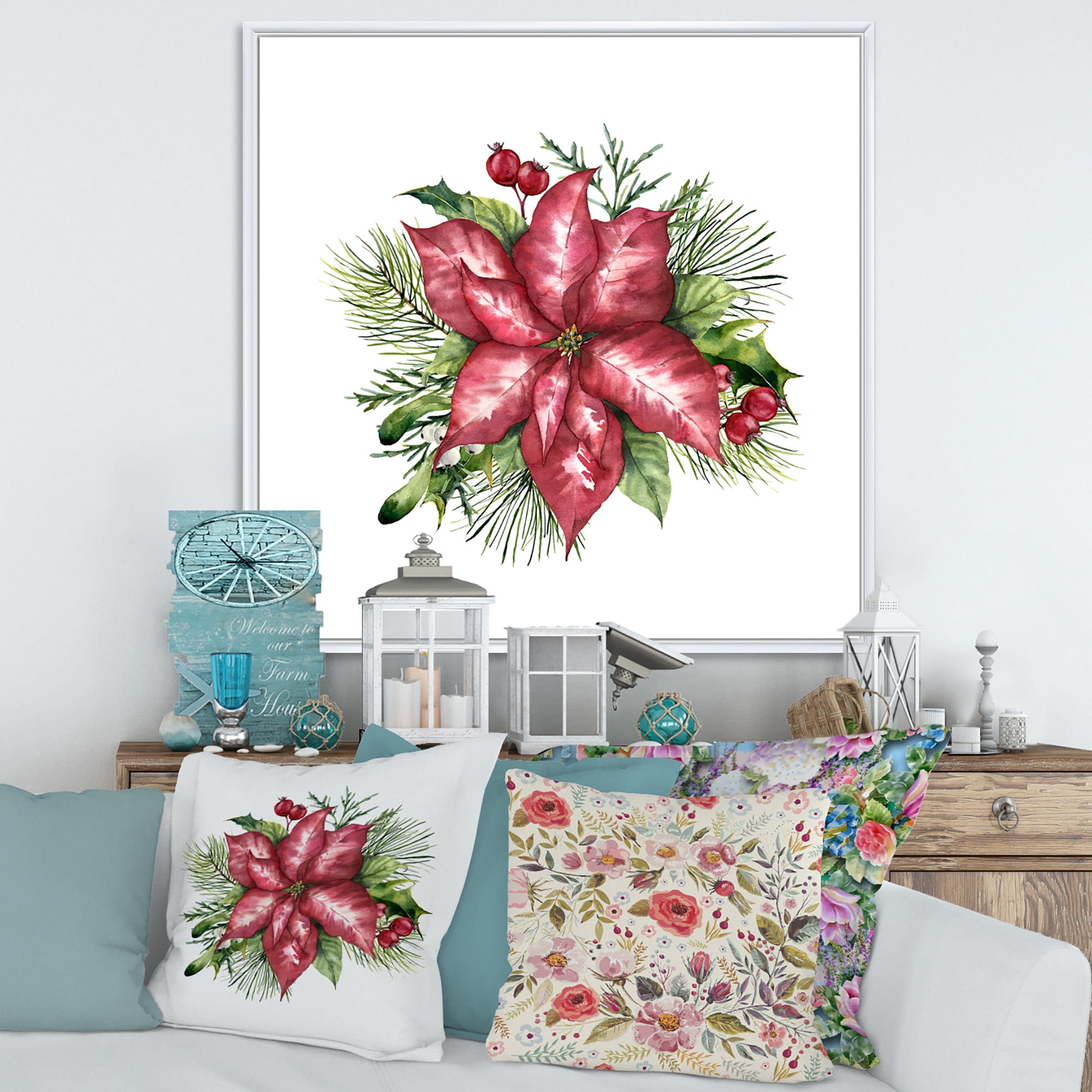 Designart 'Christmas Fir Branch and Holly Mistletoe Berries III' Traditional Framed Canvas Wall Art Print