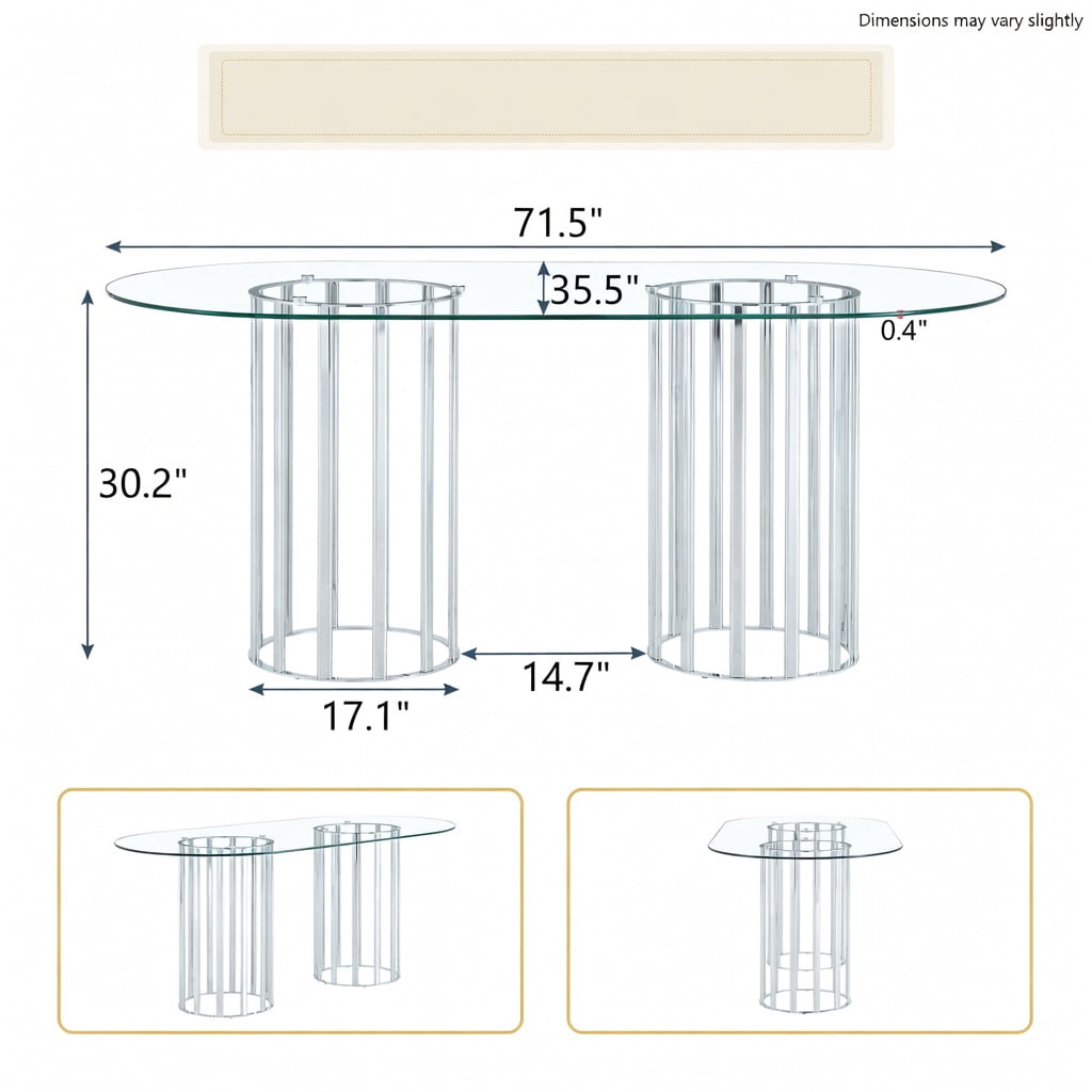 Hommoo 71 Inch Oval Tempered Glass Dining Table with Silver Double Column Base, Light Luxury Modern Design for 6-8 People, Scratch-Resistant & Easy-Clean Glass Top, Silver