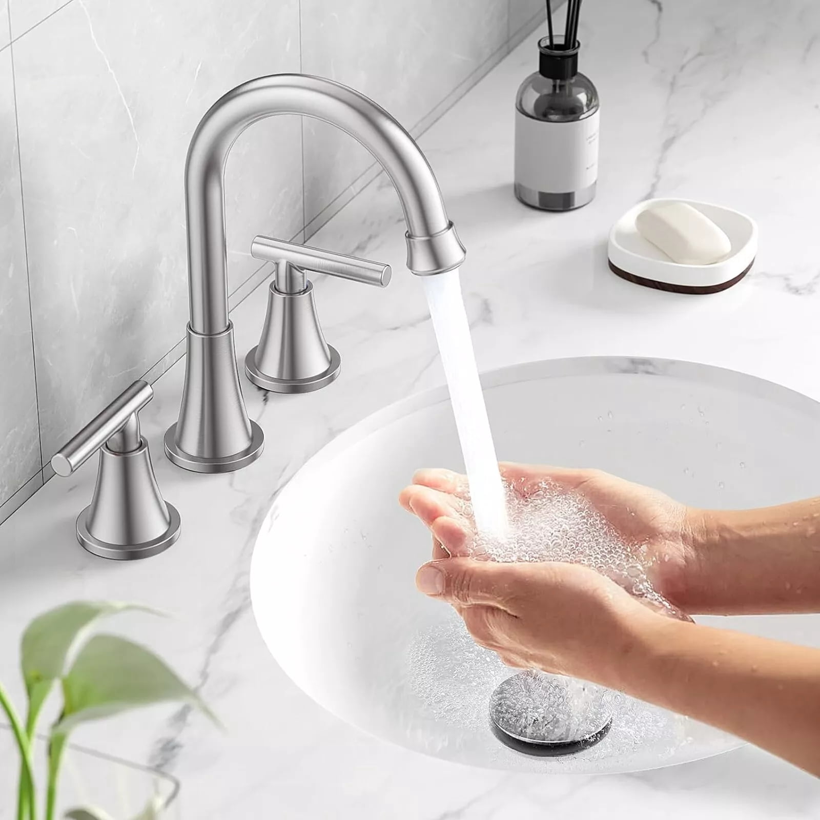 Bathroom Sink Faucet 3 Hole Brushed Nickel Widespread Basin Vanity Mixer w Drain