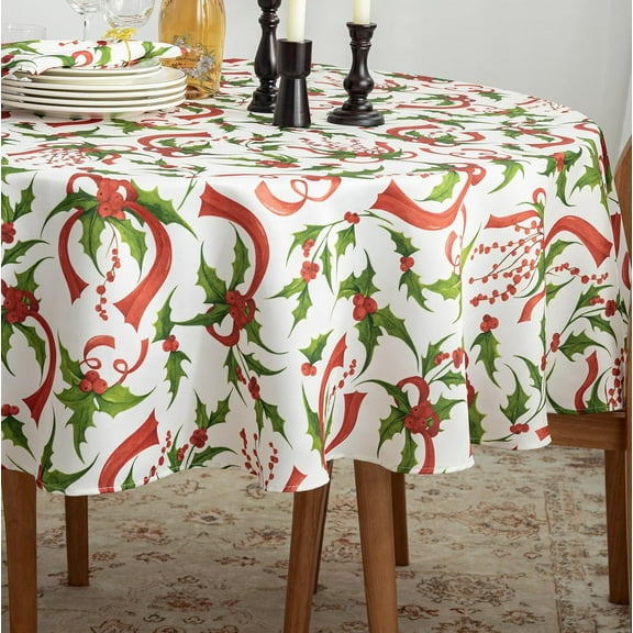 Holly Ribbon Traditions Printed Fabric Christmas Tablecloth - Wrinkle Free Table Cloth for Xmas Winter Holiday, 60 Inch Round
