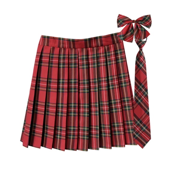 USSUMA Gifts Plaid Pleated Mini Skirt Retro Uniform Style High-Waist Box Pleats Elastic Back Lined For Comfortable Fit, Role Play And Cosplay Outfit For Parties And Themed Events — Costume Skirt