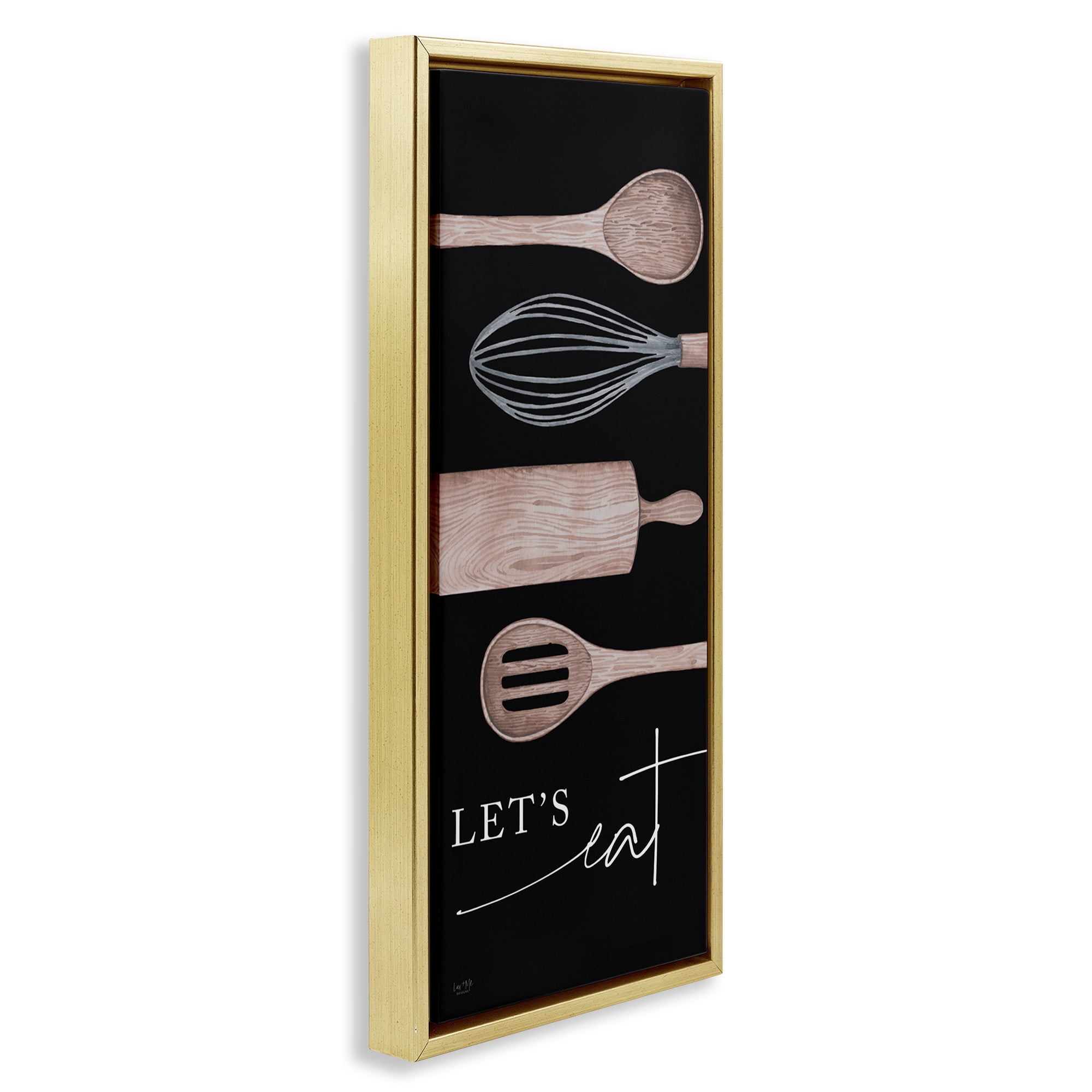 Stupell Industries Let's Eat with Kitchen Utensils Food & Beverage Painting Gold Floater Framed Canvas Art Print Wall Art, 11 x 25