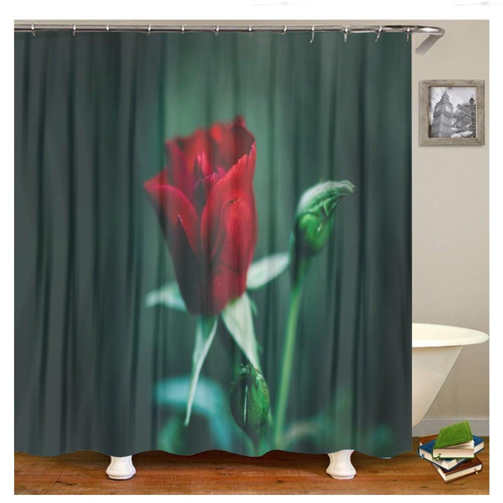 Rose Red Fabric Shower Curtain Set Bathroom Curtains Liner Hook 71X71" Polyester 