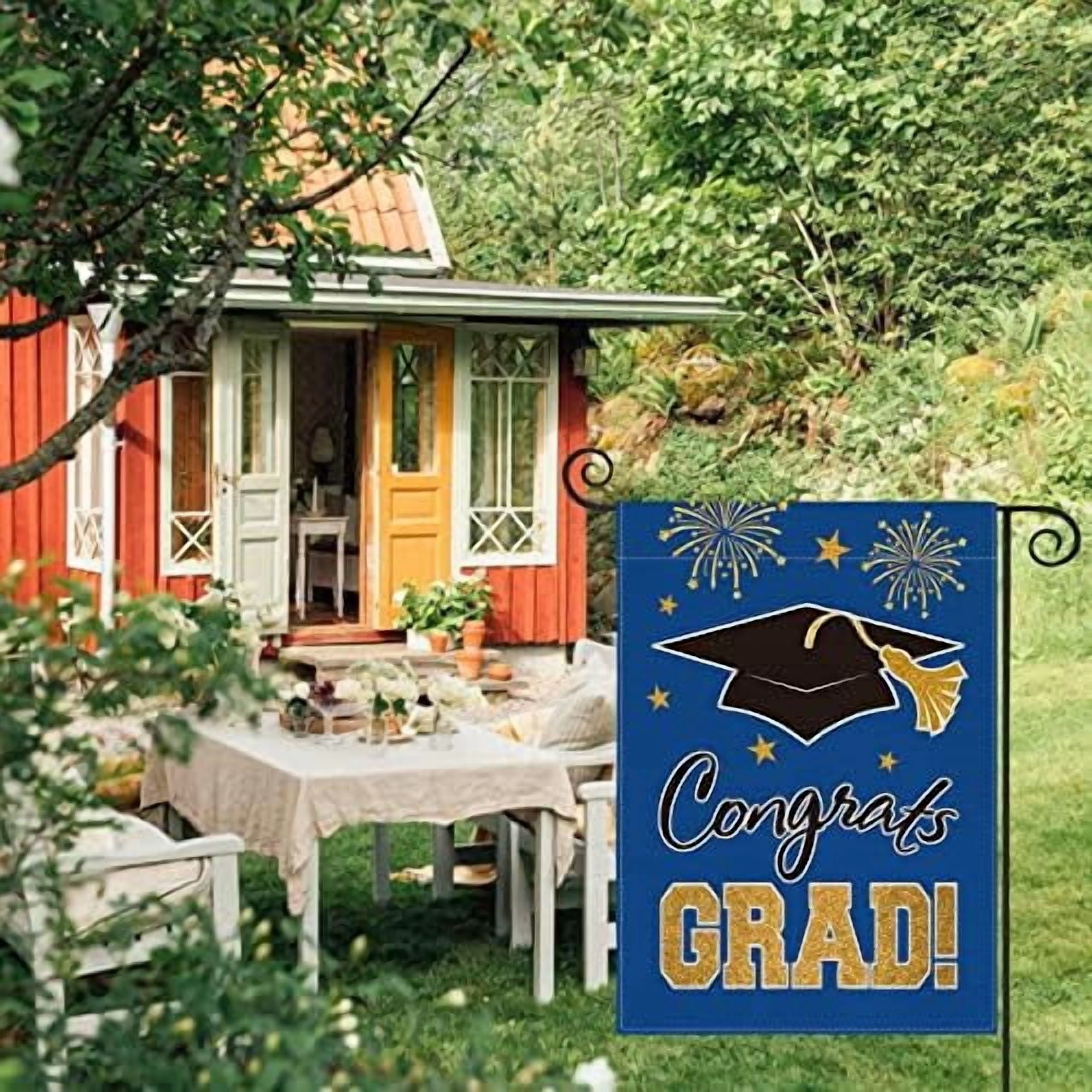 Jointown Congrats Grad Diploma Cap Garden Flag Double Sided, Class Of 2026 Graduation Ceremony Yard Outdoor Decoration 12 x 18 Inch Blue