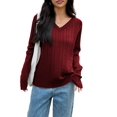 thumbnail image 2 of Women Long Sleeve Cable Knit Sweater Fashion V Neck Fitted Pullover Top Business Casual Fall Outfits Wine Red L, 2 of 7