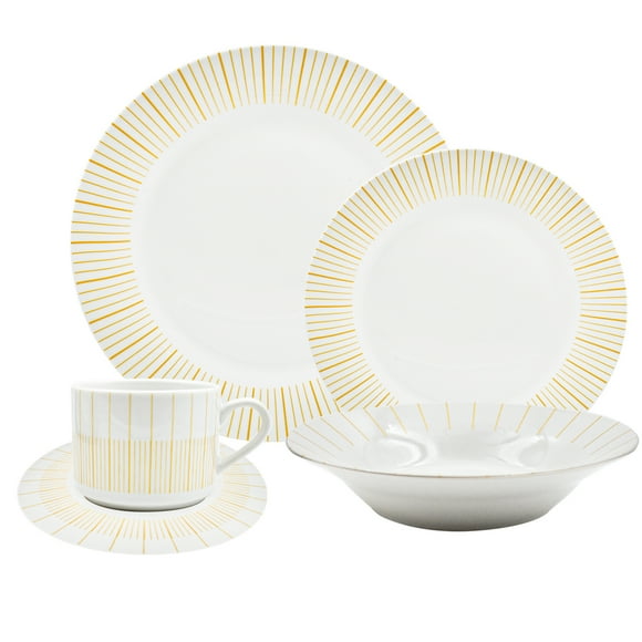 Juego Vajilla Completo, Diseño Moderno en Líneas Doradas Verticales en Borde, Colección Elegant, 20 Piezas para 4 Personas Color Blanco y Dorado con Caja de Regalo