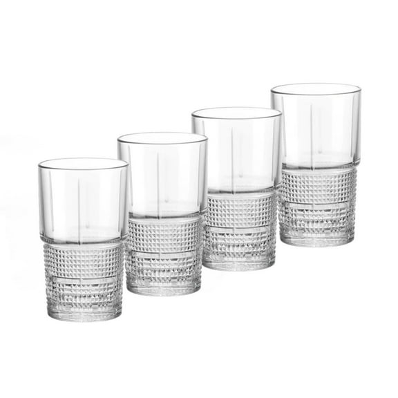 Bormioli Rocco Bartender Novecento Hi-Ball Glasses - Set of 4, 13.75 Oz. Cylindrical Retro Tumblers with Geometric Base - For Cuba Libre, Gin Tonic, Mixed Drinks - Made in Italy, Dishwasher Safe
