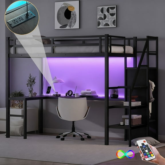 Bellemave Twin XL Loft Bed with Desk, Heavy Duty Metal Loft Bed with Wardrobe & Storage Stairs, LED Lights, Charaging Station, Sturdy High Loft Bed Frame with Safety Guardrails for Teens, Black