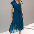 thumbnail image 4 of Weardear Women's Summer Bohemian Floral Casual Wrap V Neck Ruffle Hat Sleeveless Belt A Line Pleated Hem Midi Sundress, 4 of 5