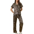 thumbnail image 2 of INSPIRE CHIC Women's Satin Pajama Set Silk Floral Short Sleeves Top and Pants 2 Pcs Pajamas L Brown, 2 of 6