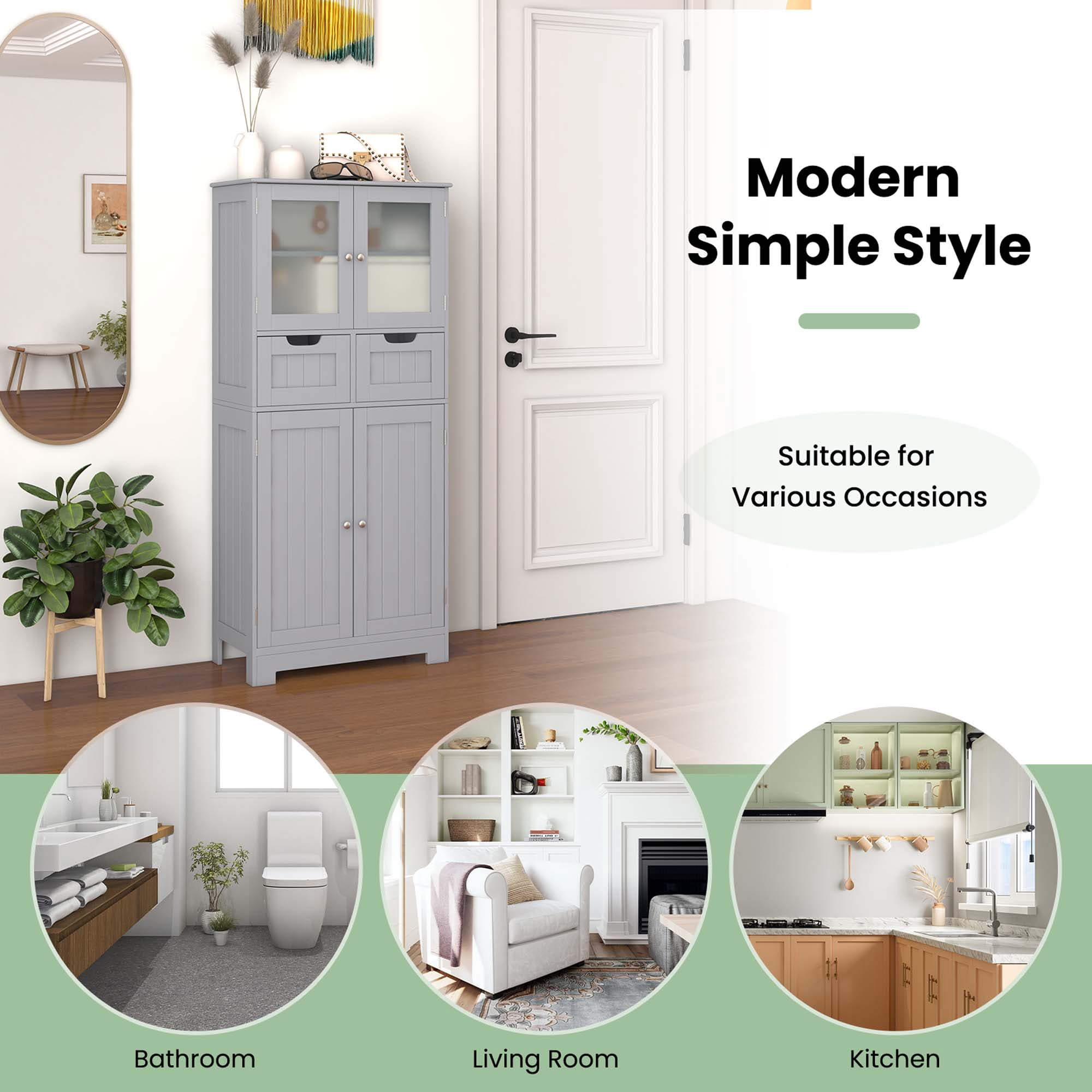 Costway Bathroom Floor Storage Cabinet Kitchen Cupboard with 2 Drawers & Glass Doors Gray