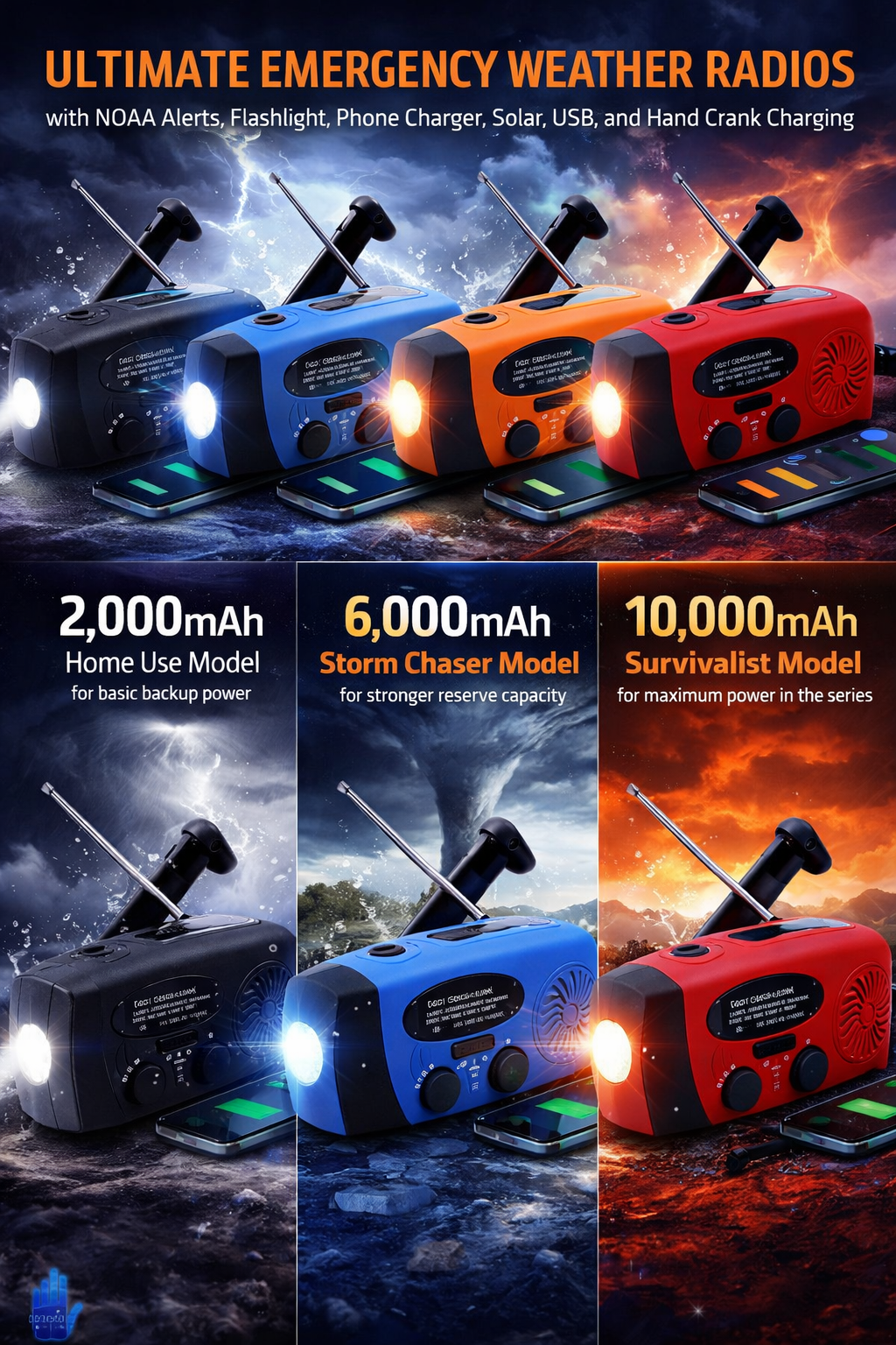 10,000 mAh7-Band Emergency Weather AM/FM/WB Radio with NOAA, Flashlight, Phone Charger (BLUE)