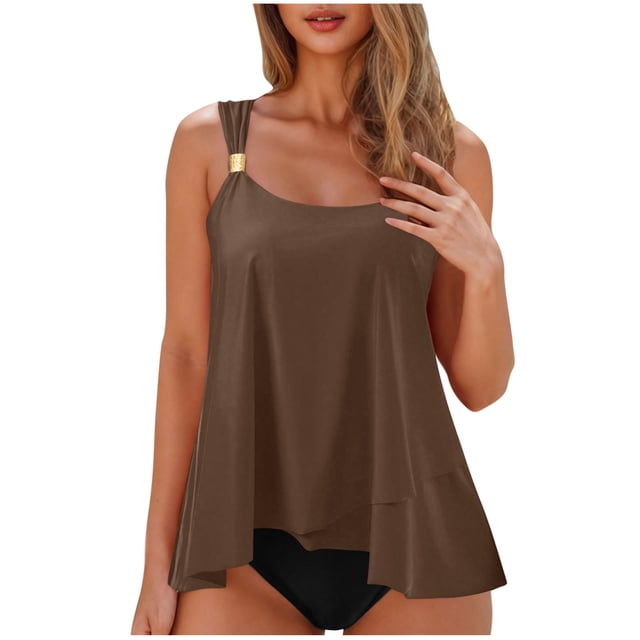Flowy Ruffle Tankini Swimsuits for Women Beach Summer 2 Piece High Waist Bathing Suits Pool Modest Swimwear Brown, S