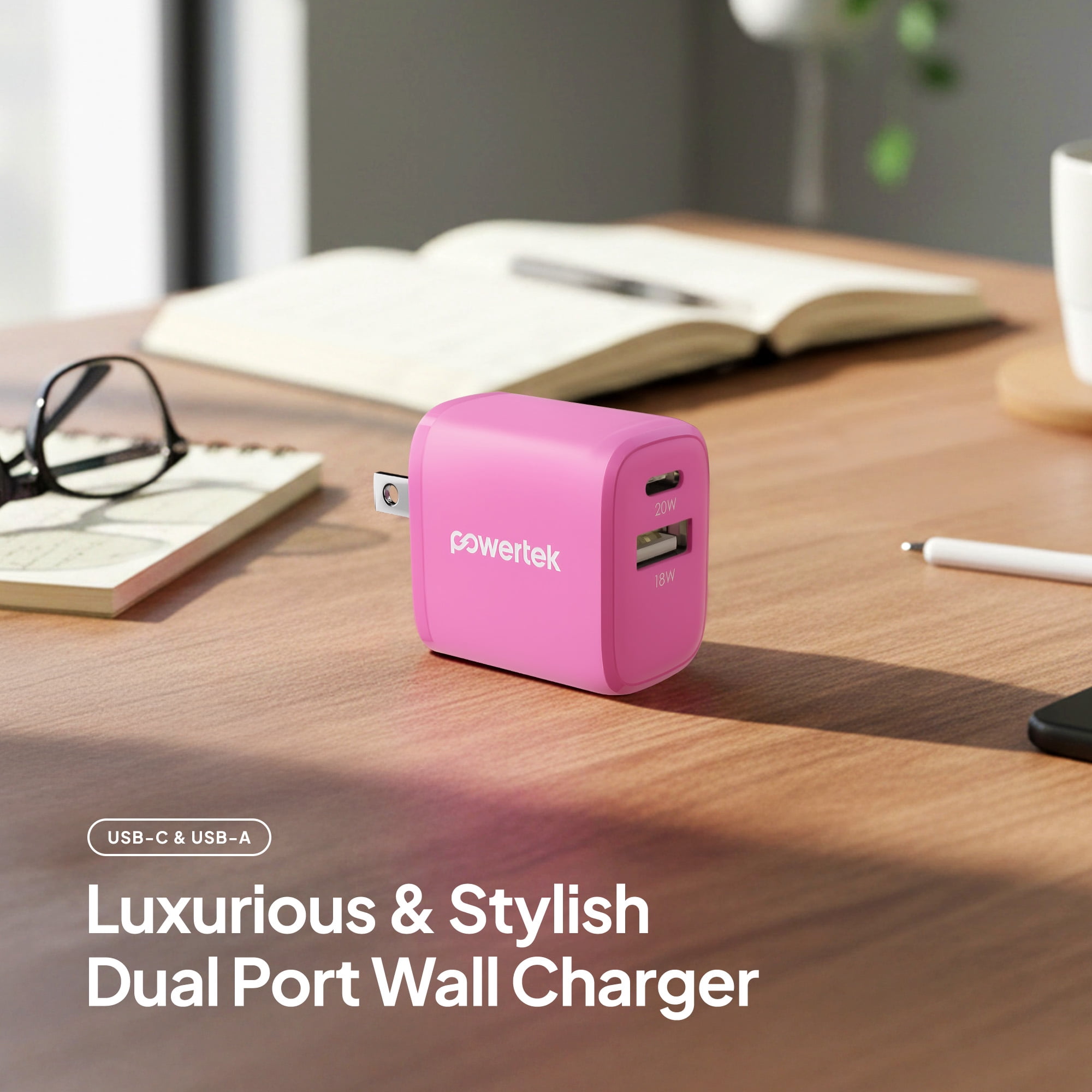 Powertek 20W USB-C PD + USB-A Dual Port Wall Charger, Carbon Design, Pink