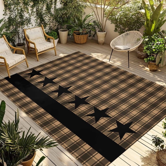 3' x 5' Outdoor Rug, Brown Black Plaid Outdoor Washable Rug Large Floor Carpet, Vintage Rustic Star Buffalo Check Non Shedding Area Rug for Outside Patio RV Porch Deck Balcony Camping Living Room