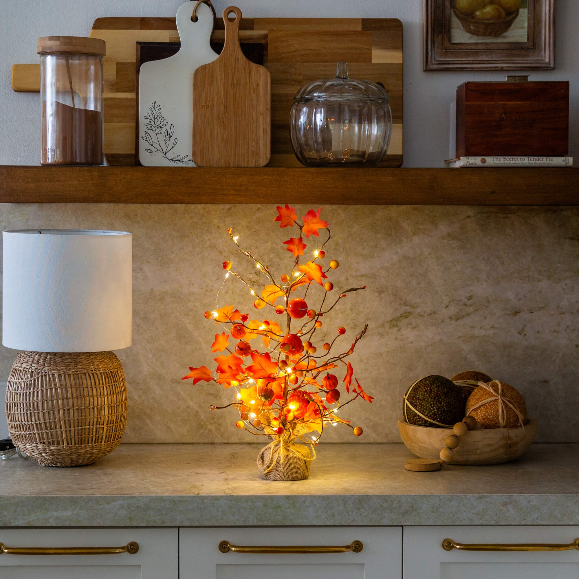 Nearly Natural 18in. Pre-Lit Artificial Maple Tree with Pumpkin Ornaments and 30 LED String Lights in Burlap Wrapped Base