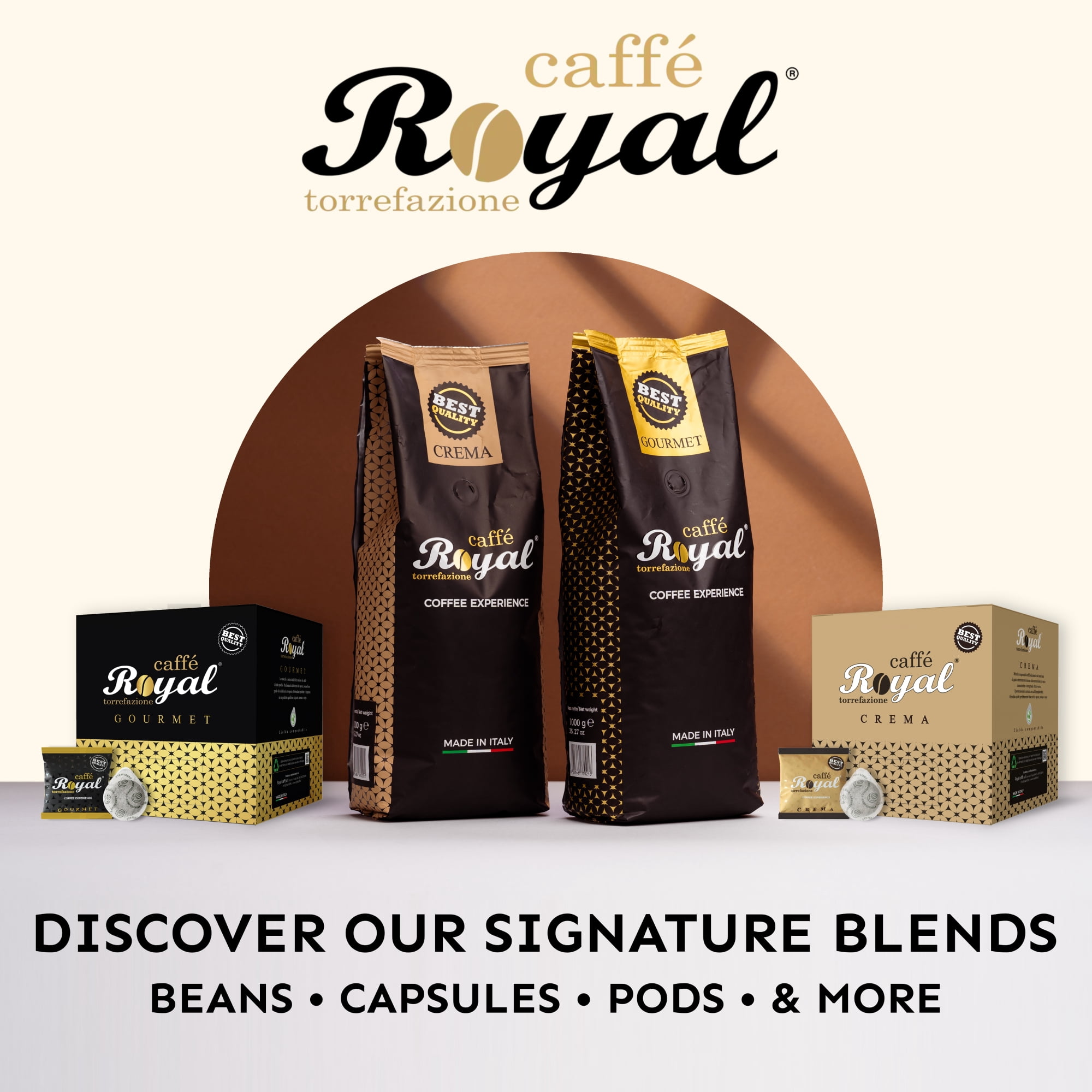 Royal Caffé Italian Coffee Pods, Crema Blend Medium Dark Roast, Arabica & Robusta Beans, for Nespresso Original Machine Compatible, 100 Count (1 Pack) Capsules, Made in Italy