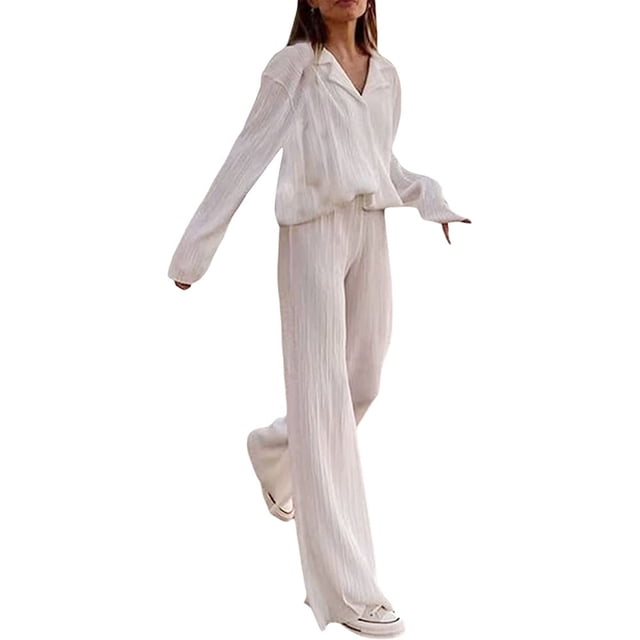 Dinheiro Conjunto de 2 piezas de trajes casuales para mujer, camisa de manga larga con botones, conjuntos de pantalones plisados de cintura alta (blanco), S,