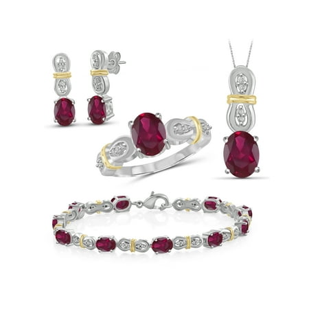Silver Tone White Jewelry Set - 14 1/2 Carat T.G.W. Ruby And White Diamond Accent Two Tone Sterling Silver 4-Piece Jewelry set