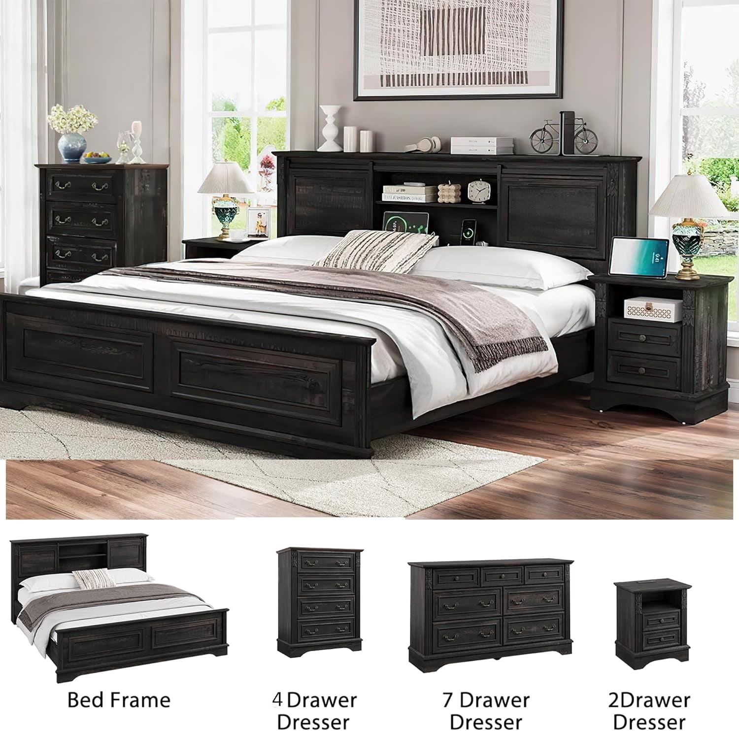 BOSHIRO 4-Drawer Dresser for Bedroom, Farmhouse Carved Storage Chest Organizer with Brown Top, Black Finish