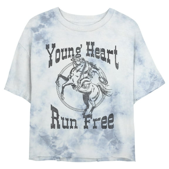 Junior's Lost Gods Young Heart Run Free Cowgirl Graphic Crop T-Shirt White/Blue 2X Large