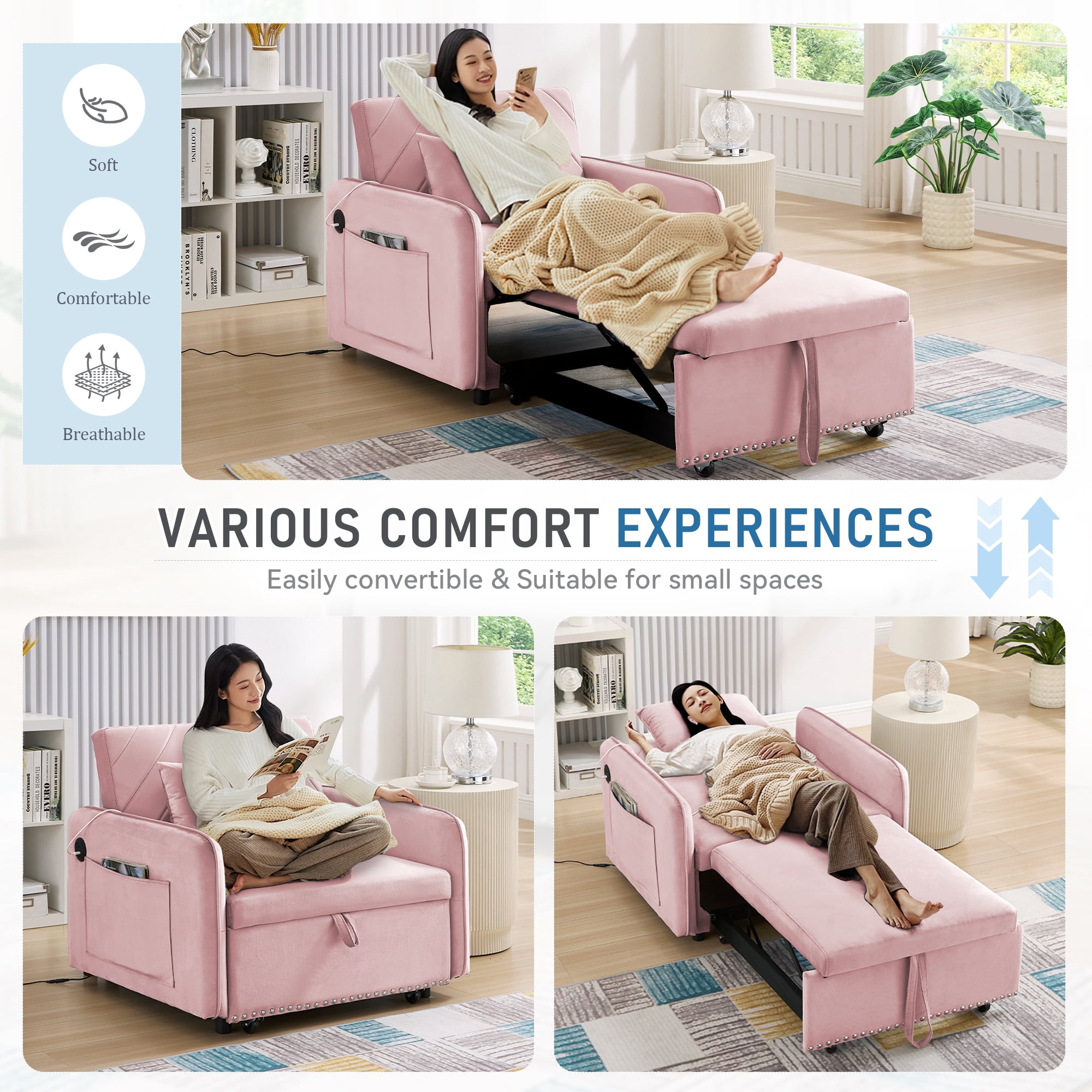 Lunale 3-in-1 Convertible Sleeper Chair Bed, Indoor Lounge Chair with USB/Type-C, Pink Velvet