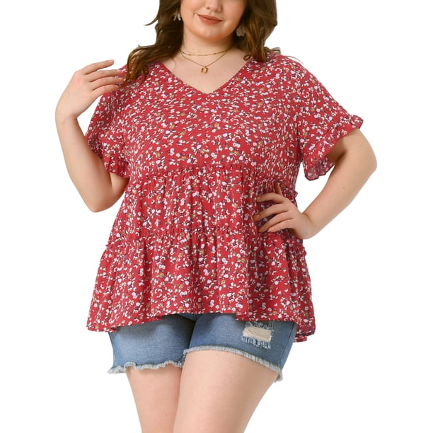 Blusa de mujer plus size Agnes Orinda, estilo boho, con flores, escote en V, mangas con volantes, blusas tipo babydoll en capas, 2X rojo y verde