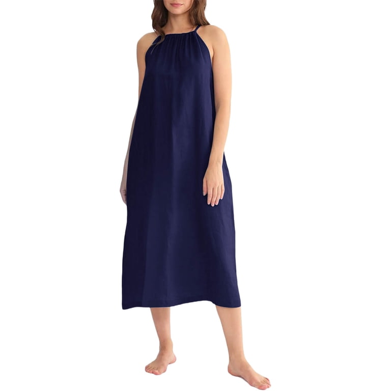 semi formal shift dress Yxbdin Cotton Linen Midi Dresses for Women Summer Backless Halter Dresses Casual Sleeveless Loose Fit Dresses Solid Color Lounge Dress Fashion-forward cocktail dress with cape sleeves