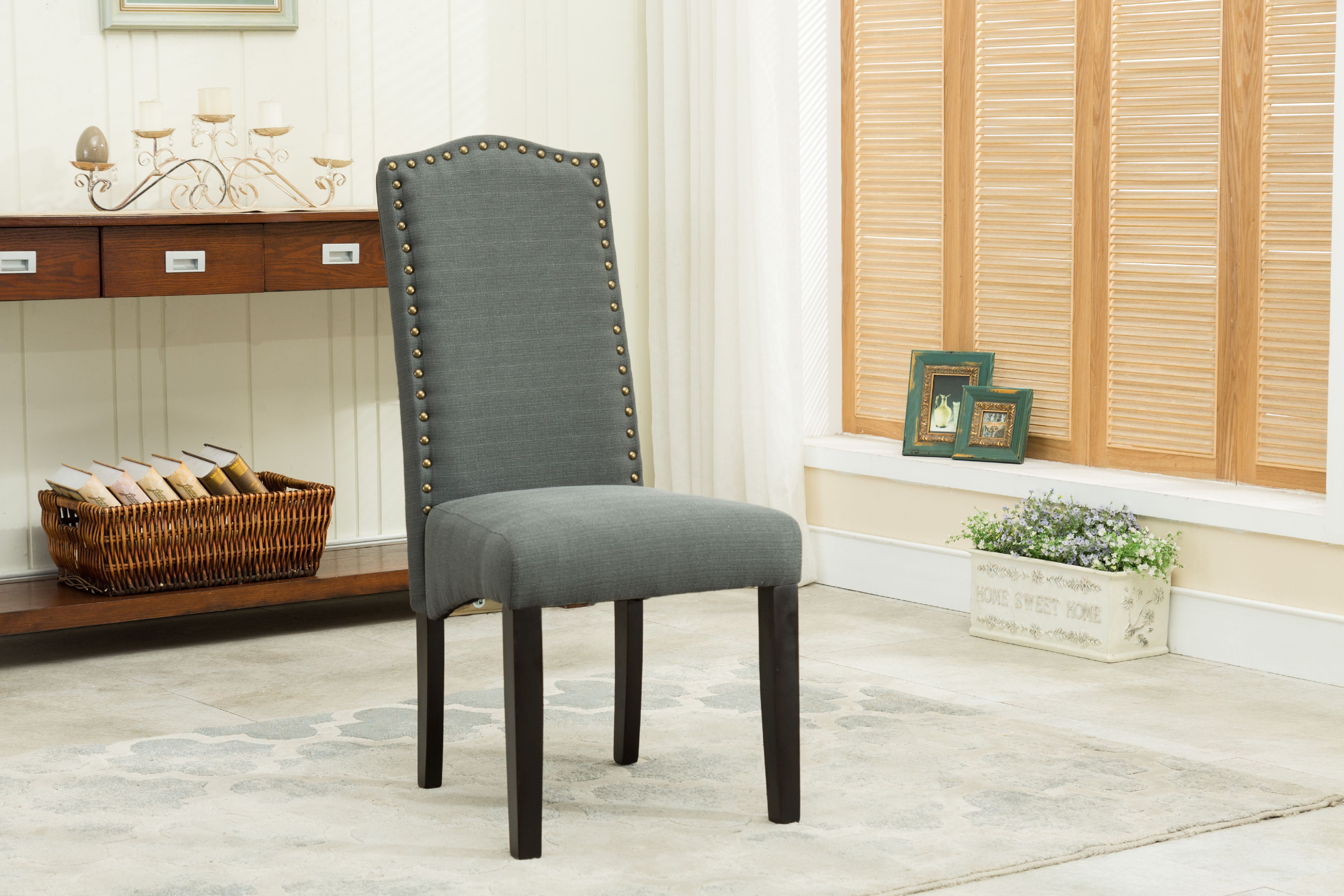 Best Master Furniture Grey Linen Blend Nailhead Dining Chair, Set of 2