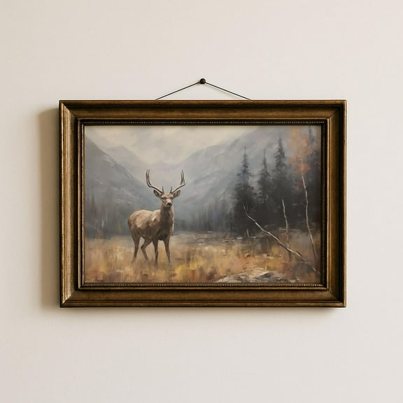 Vintage Deer Wall Art Forest Landscape Print Woodland Nursery Wall Art Cabin Wall Decor Nature Wall Art Moody Mountain Wall Art Poster, Unframed Poster Size 8x12 F03.1.15l1209