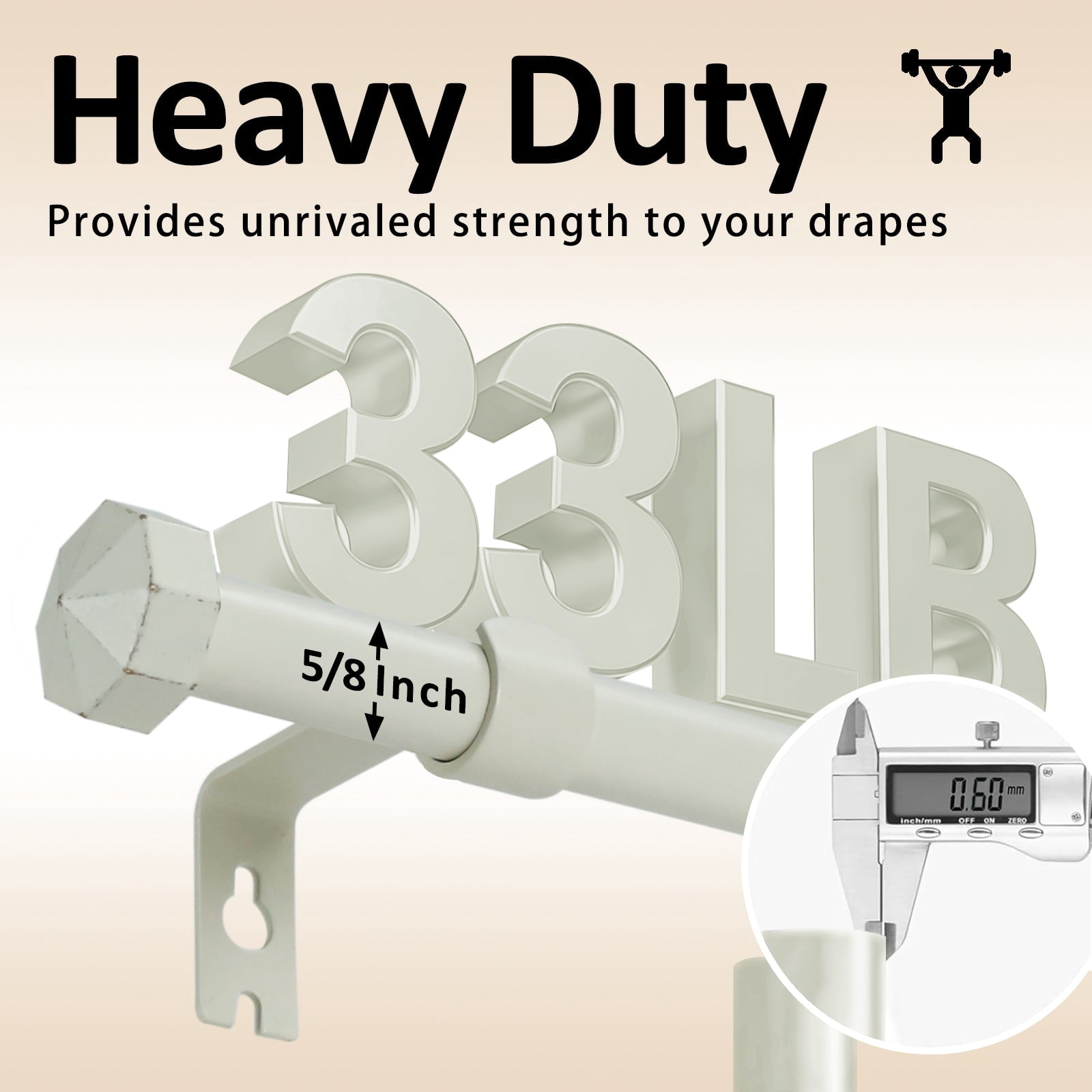 Ridicili 5/8" Single Telescoping Curtain Rod with Octagonal Finials,28"-48",Weathered White