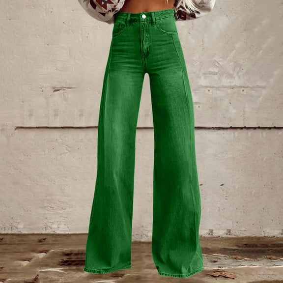 Flare Jeans for Women Vintage Wide Leg Baggy Stretchy High Waisted Denim Pants with Pockets Army Green L
