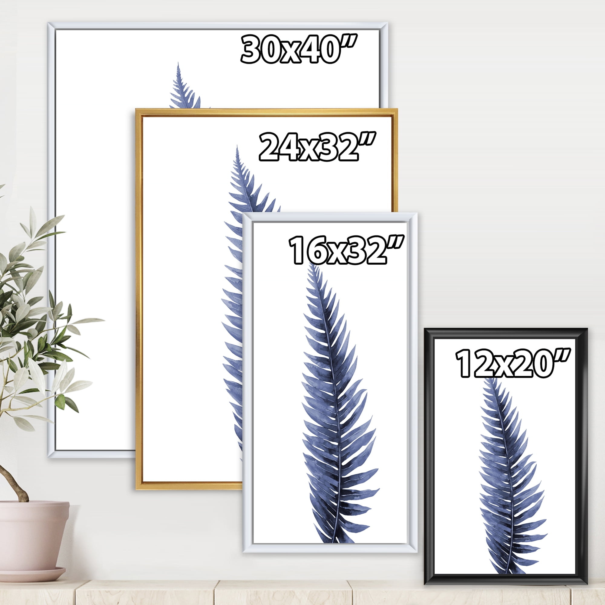 Designart 'Tropical Blue Watercolour Leaves On White' Bohemian & Eclectic Framed Canvas Wall Art Print