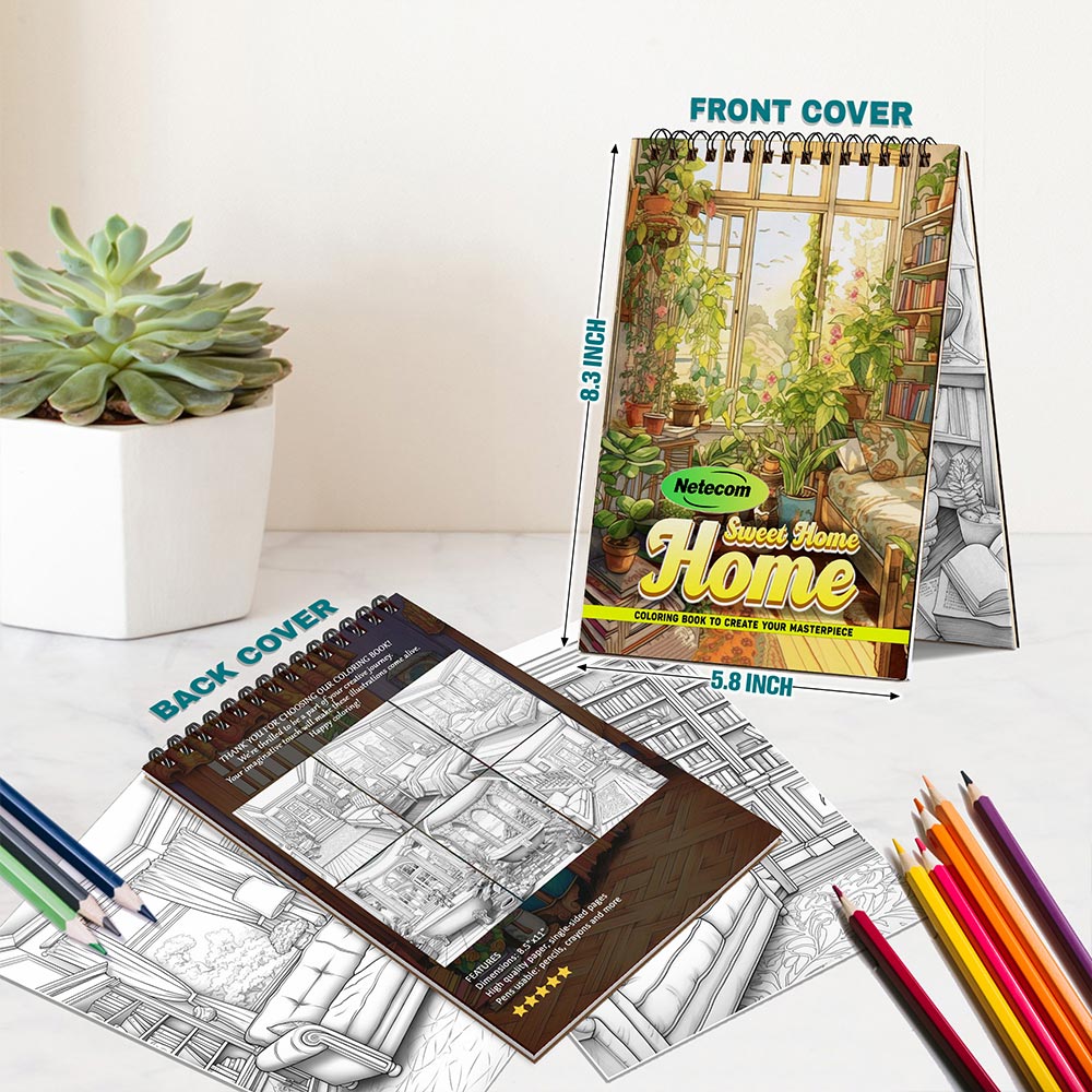 Home Sweet Home Coloring Book Spiral Bound For Adults, A5 Wooden Cover, 30 Heartwarming Coloring Pages of Family Homes and Cozy Spaces for Relaxation and Stress Relief