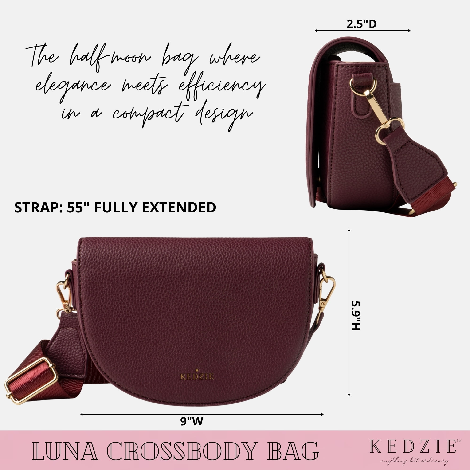 Kedzie Luna Crossbody Bag Shoulder Purse with Removable Strap, Oxblood (Women's)