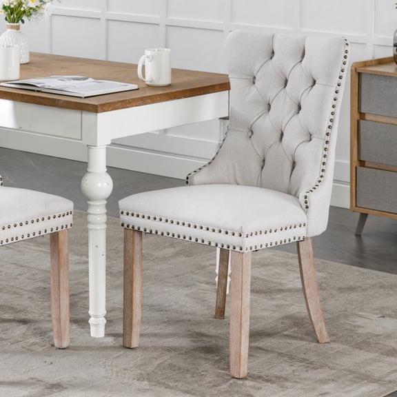GOMYHOME Set of 2 Upholstered Dining Chairs, Button Tufted Back w/ Nailhead Trim, Weathered Wood Legs