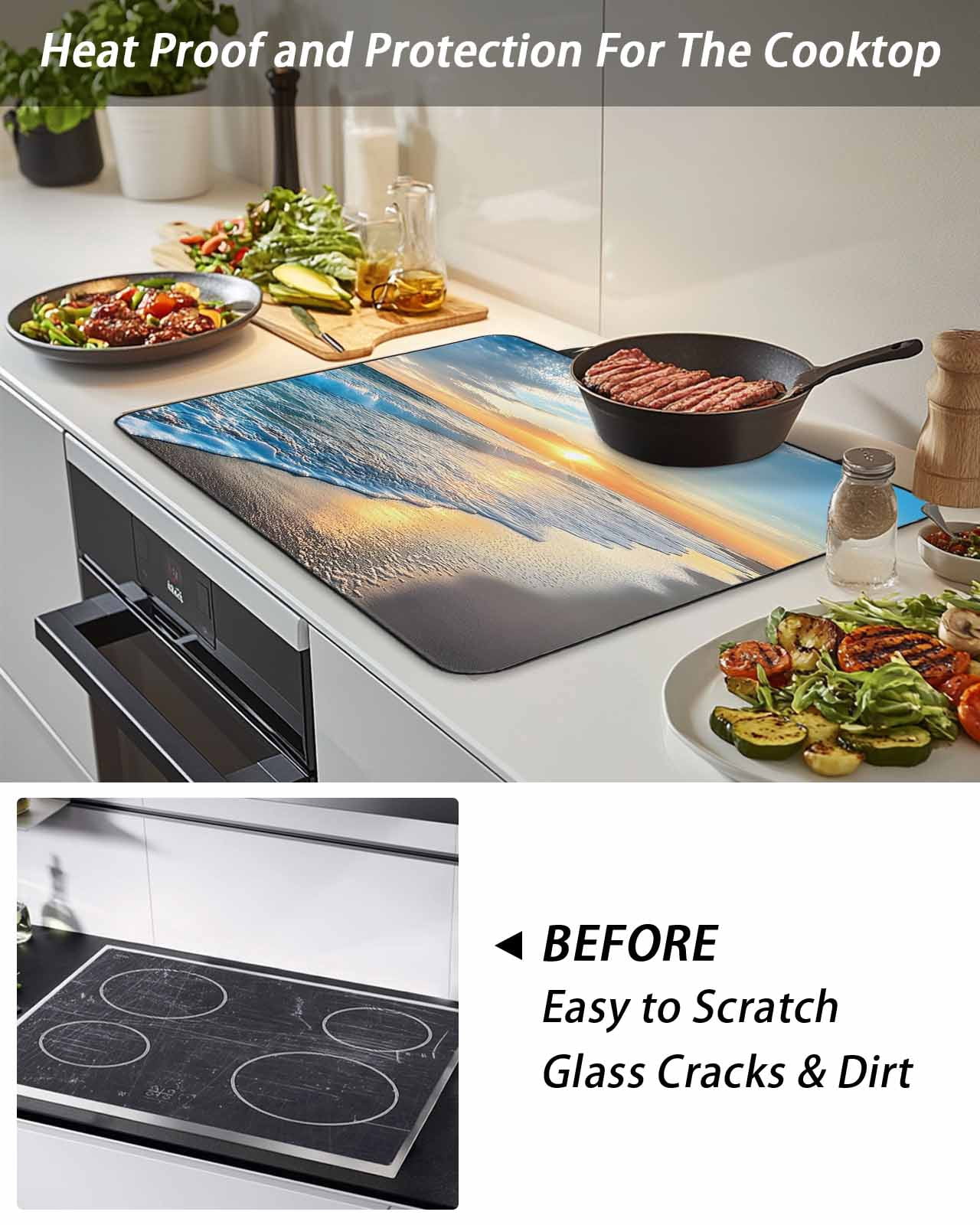 Stove Top Covers for Electric Stove, Sunset Beach Glass Stovetop Cover Protector, Spray Ocean Waves Sky Nature Scenery Induction Cooktop Protector Oven Mat for Kitchen Countertop 24"x21"