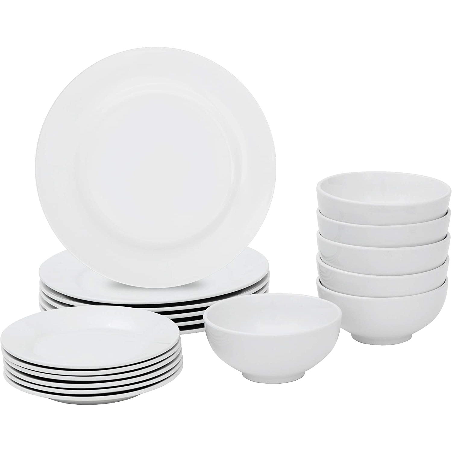 18 Piece Dinnerware Set, Plates Snack Plates Bowls for Kitchen, Service for 6, White Dishes