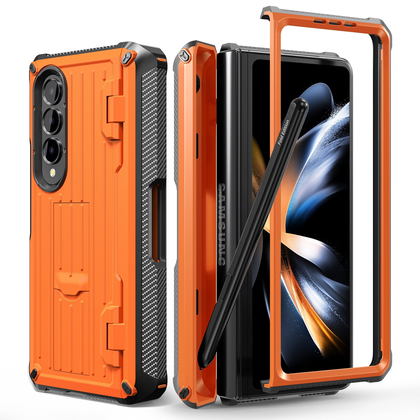 TECH CIRC Case for Samsung Galaxy Z Fold 4 Compatible with MagSafe, Heavy Duty Rugged PC Shockproof Hinge Protection Cover with Hidden Bracket Screen Protector S Pen Holder Galaxy Z Fold 4 Case,Orange