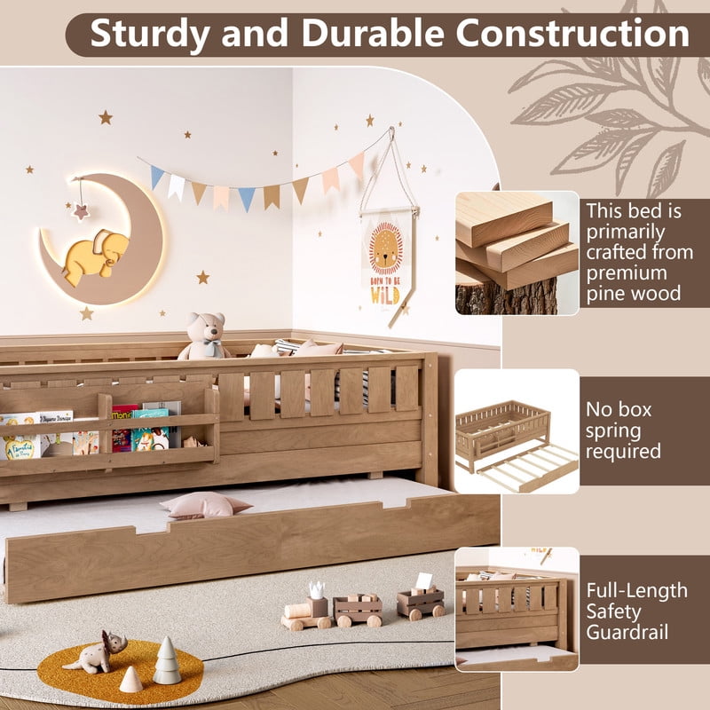 Twin Size Low-Profile Kid's Platform Bed with Built-in Bookshelves & Small Staircase, Wooden Bed Frame with Safety Rails & Trundle
