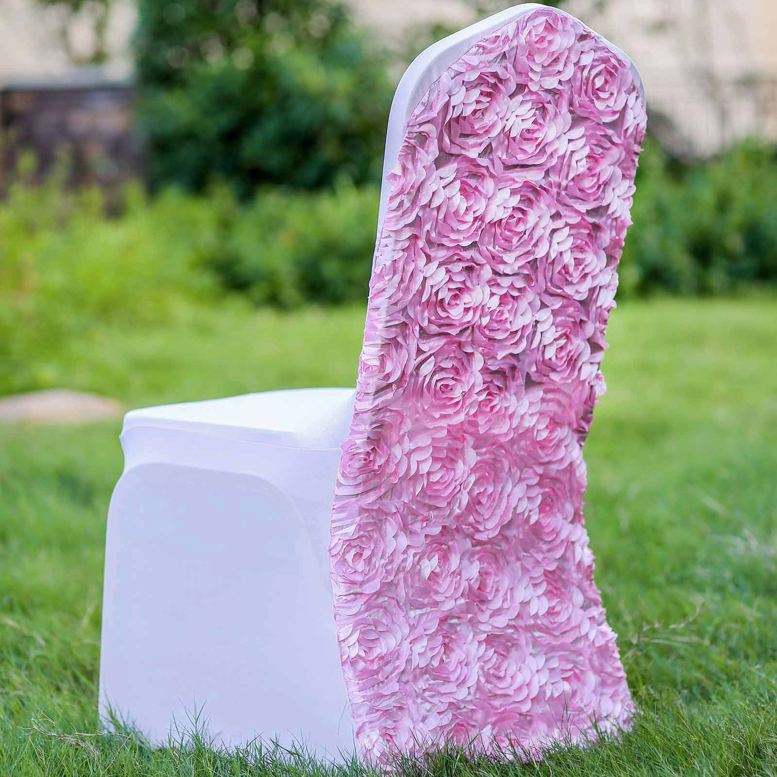 Efavormart Satin Rosette Pink Stretch Banquet Spandex Chair Cover Dinning Event Slipcover For Wedding Party Banquet Catering