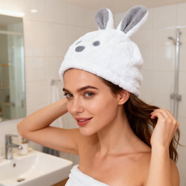 Microfiber Fleece Face Towel Set for Bath and Hair Drying, Rabbit and Coral Pattern, 30x30 cm, Polyester, Lint-Free, White Blue Pink, 1 Pack
