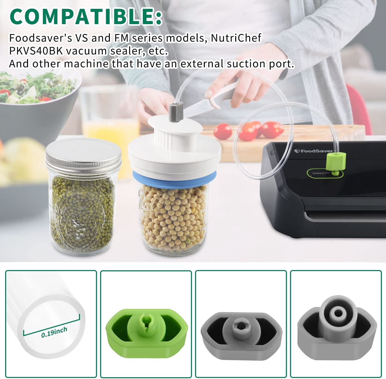 Mason Jar Sealer kit for FoodSaver Vacuum Sealer, Regular and Wide Mouth Mason Jar Vacuum Sealer Kit with Accessory Hose, Jar Sealer Attachment Compatible with All FoodSaver Vacuum Sealers