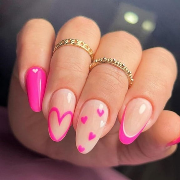 Valentine’s Day Press on Nails Short Oval Almond Fake Nails Glossy Rose Red Heart False Nails with Glue on Nails Stick on Nails Reusable Acrylic Artificial Nails for Women Girls DIY Nail Decor 24Pcs