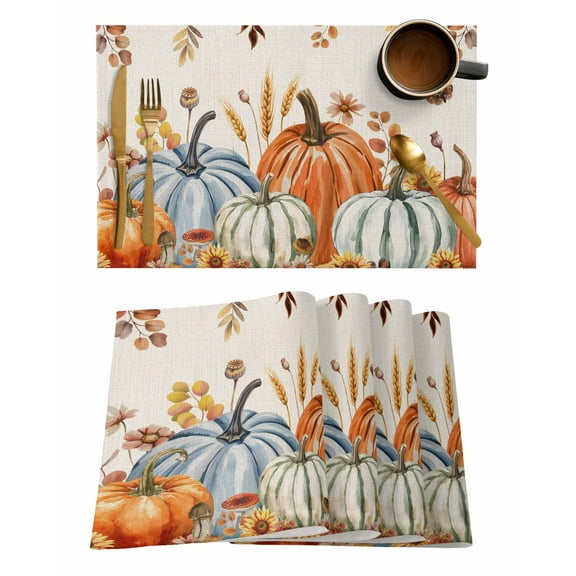 Fall Pumpkin Placemats Set of 6 Orange Leaves Thanksgiving Harvest Linen Texture Heat Insulation Washable Place Mats, Rustic Non-Slip Table Mats for Dining Table Party Kitchen Decor,13x19 Inch