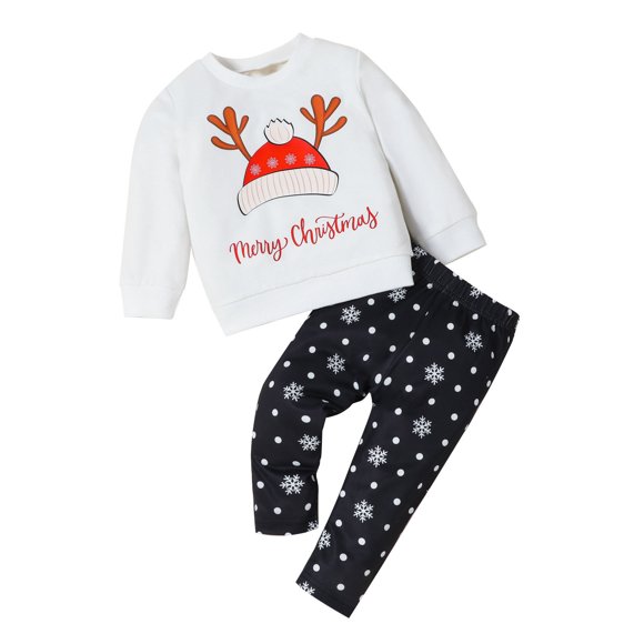Splozh Baby Christmas Outfit Childrens Christmas Set Babys Cute Letters and Cartoon Prints Long Sleeved Pants Two Piece Set White,18-24 Months