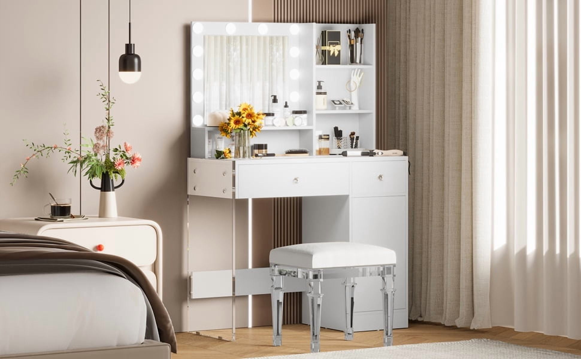Vanity Desk with Mirror and 3 Lighting Modes, Makeup Vanity with Glass Top and Storage Shelves, Dressing Table with 2 Drawers and Cabinet, White