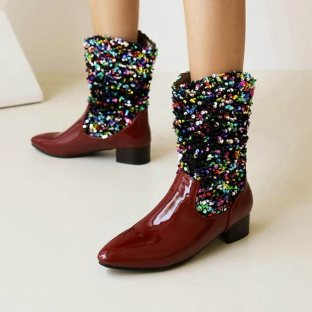 

Autumn And Winter Sequins Stitching Patent Leather Pointed Toe Boots Flat Boots